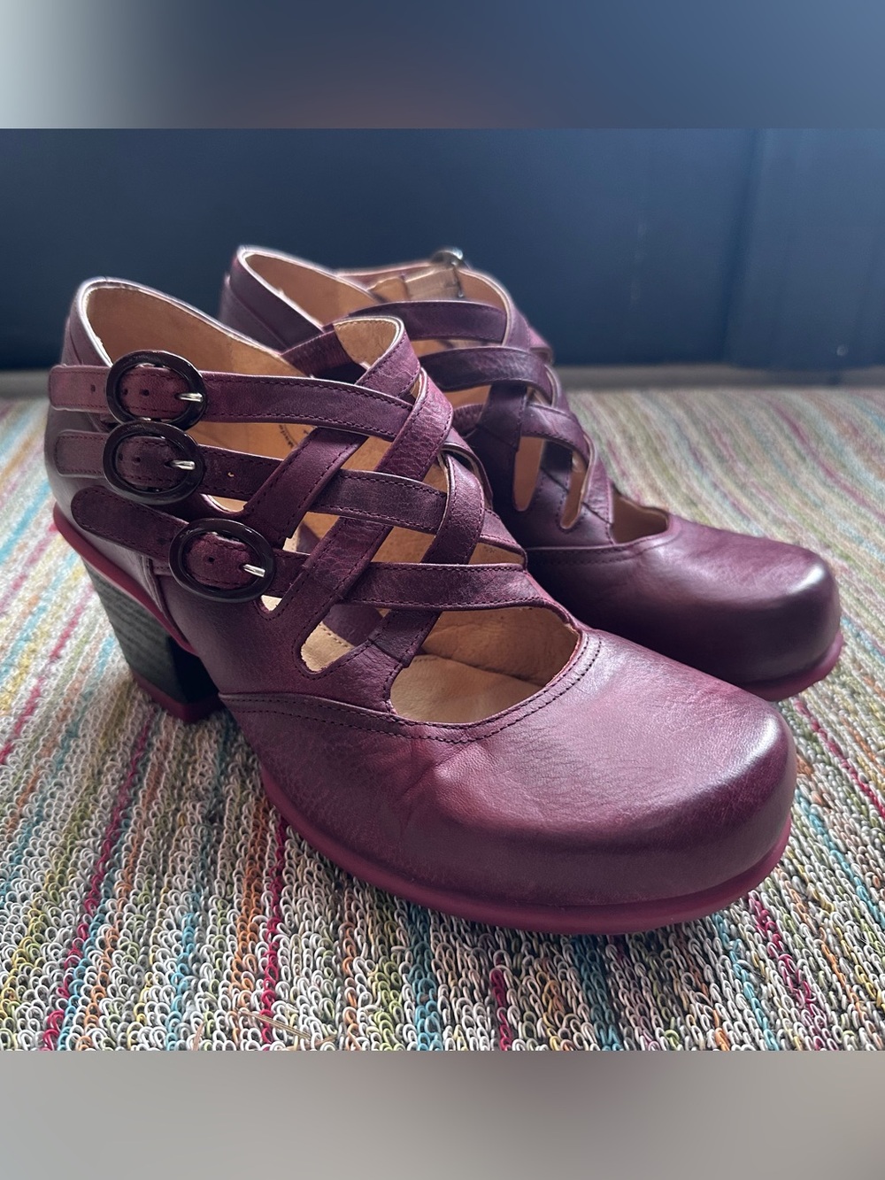 Fluevog EXCELLENT Hopefuls Luxon burgundy woven-strap buckle mid-heel-7 (fit 6.5